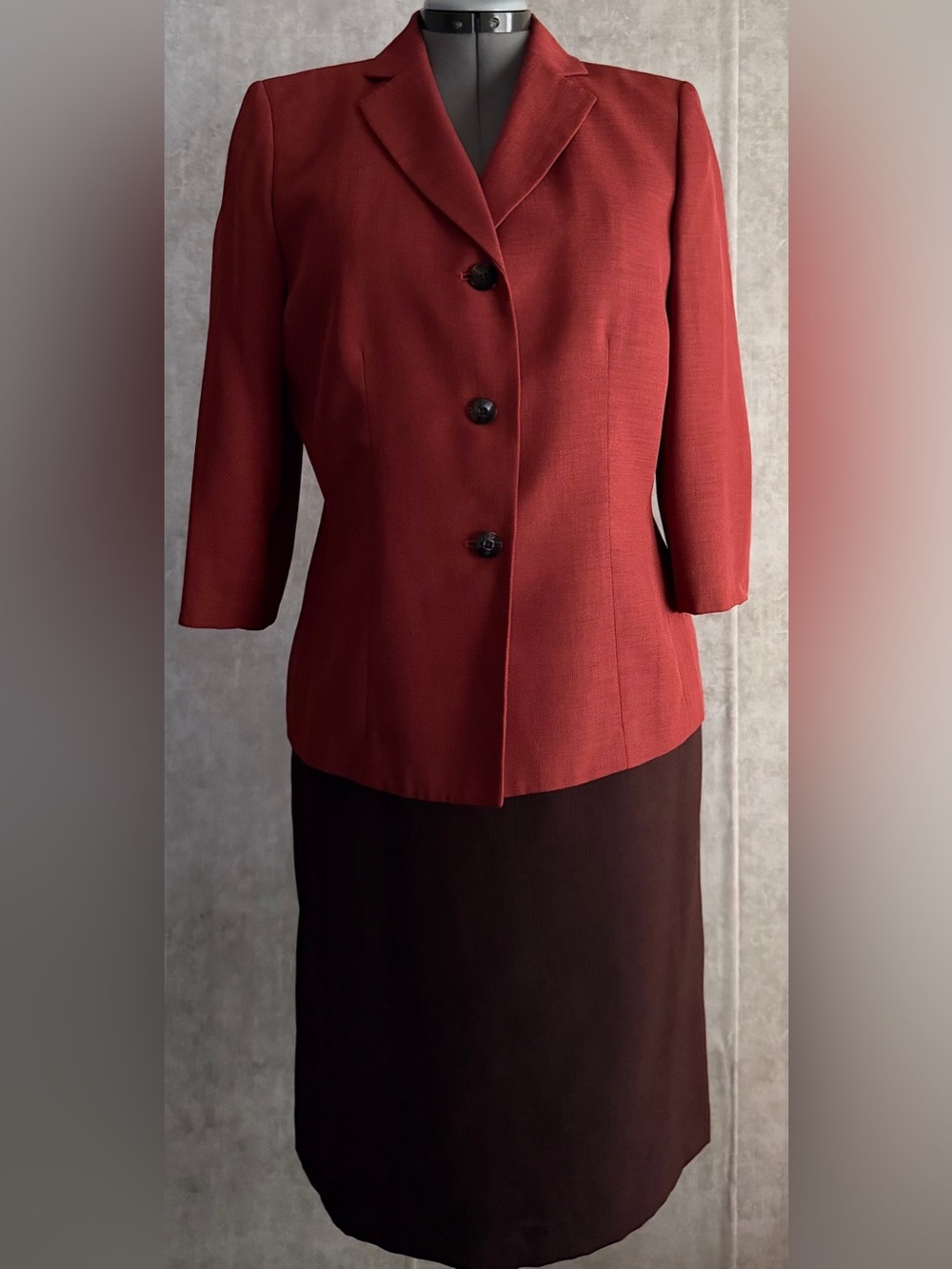 Le Suit 14P VTG 2pc Skirt Suit Set Rust Red Blazer Brown Pencil Skirt Business